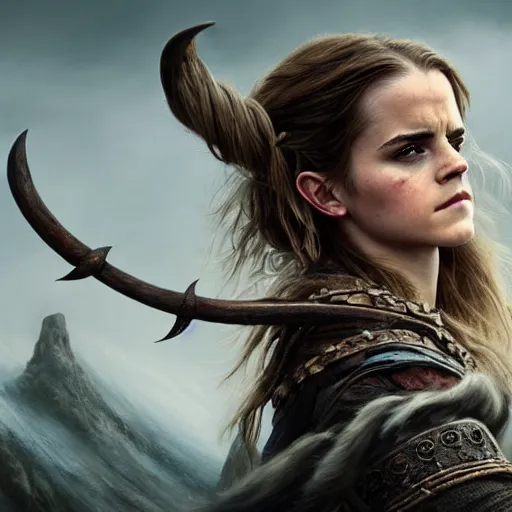 Image similar to Official photo of Emma Watson as a majestic fierce viking woman, leader, fear, scarred, highly detailed, viking attire, cinematic, 8k, 1080s, by Stanley Artgermm, Tom Bagshaw, Greg Rutkowski, Vincent di Fate, Carne Griffiths, Ayami Kojima, trending on DeviantArt, hyper detailed, full of color, digital art,