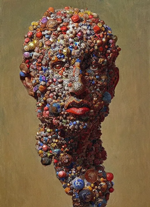 Image similar to a sculpture portrait made of bacteria and virus and molecules and atoms, painting part by wojciech siudmak, part by ilya repin, part by max ernst, part by norman rockwell, artstation