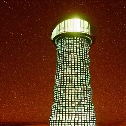 Image similar to a photo of an alien lighthouse covered in scales, lit by an eerie background glow