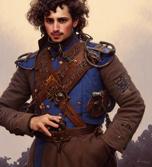 Image similar to portrait of a man with brown curly hair and deep brown eyes wearing a blue traditional 1 9 th century military jacket, metal shoulder pauldrons, intricate, highly detailed, digital painting, artstation, concept art, sharp focus, cinematic lighting, illustration, art by artgerm and greg rutkowski, alphonse mucha, cgsociety