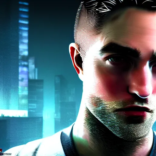 Image similar to robert pattinson portrait, Cyberpunk 2077, cyberpsycho, photorealistic, ultra detailed, neon, octane, bokeh, cyber, cyberpunk city, feature, scars, cyberface, 8k