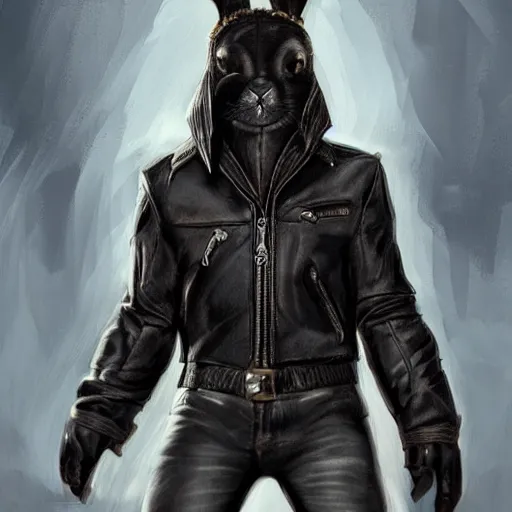 Image similar to A bunny with a small head wearing a fine intricate leather jacket and leather jeans and leather gloves, trending on FurAffinity, energetic, dynamic, digital art, highly detailed, FurAffinity, high quality, digital fantasy art, FurAffinity, favorite, character art