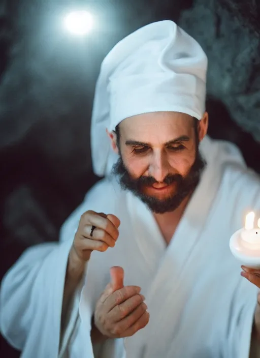 Image similar to photograph of a jewish prophet in his 3 0 s wearing a white robe, cinematic, epic framing, closeup, dslr, spiritual, candle lit cave background