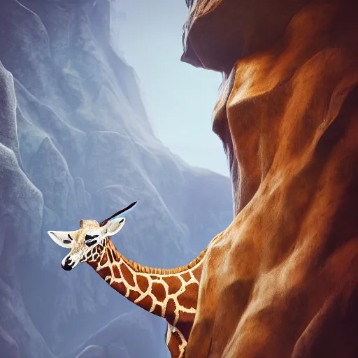 Image similar to a highly detailed portrait of a humanoid giraffe in a blue cloak, adventurer, artstation, deviantart, professional, unreal engine 5, octane render