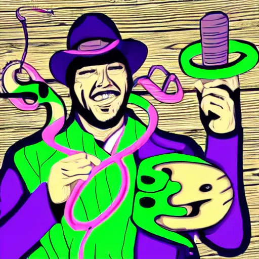 Image similar to breakdancing snake oil salesman, purple green cowboy b-boy, wildystyle