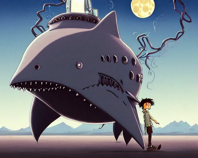 Prompt: a cell shaded cartoon grey lovecraftian mechanized shark from howl's moving castle ( 2 0 0 4 ), with a big head, on a desert road, wide shot, in front of a big moon, muted colors, post grunge, josan gonzales, wlop, by james jean, victor ngai, hq, deviantart, art by artgem