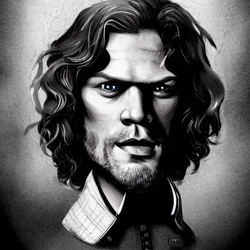 Image similar to Sam Heughan as Jamie Fraser, caricature portrait exaggerated by Sebastian Krüger and Bruno Tesse trending on artstation, hyperdetailed, funny , humor, perfect composition. Scotland background