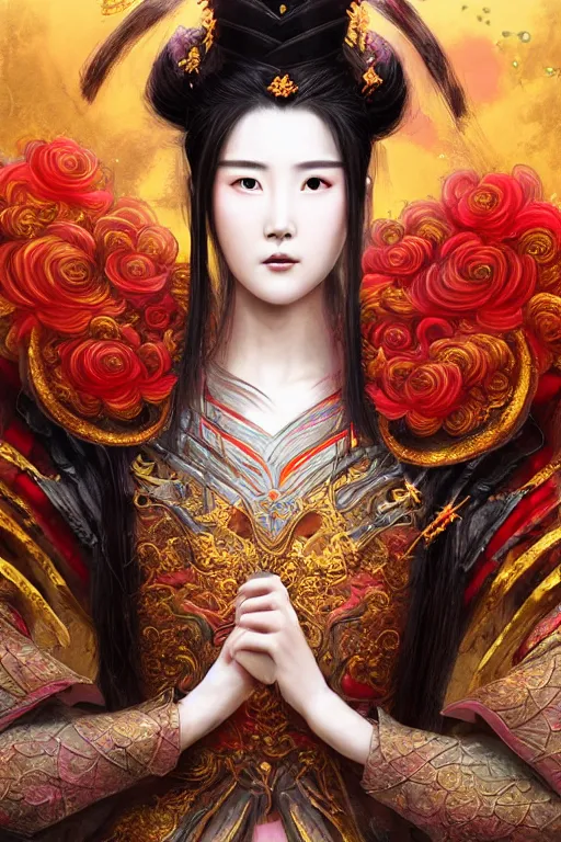 Image similar to beautiful ancient fantasy portrait of wuxia armored heroine Liu Yifei, Zhao Lu Si wearing like Xian Xia wardrobe, in forbidden City, hybrid from Dynasty Warriror, flowers sea rainning everywhere, intricate, very very beautiful, elegant, highly detailed, digital painting, beautiful glowing galaxy eyes, artstation, fantasy concept art, smooth, sharp focus, illustration, art by WLOP and alphonse mucha and tian zi