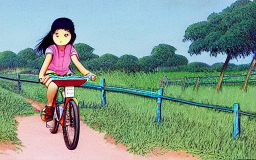 Prompt: a young girl riding a bike with a basket on a dirt path in a small town, 1970s philippines, art by hayao miyazaki, studio ghibli film, hi res, 4k