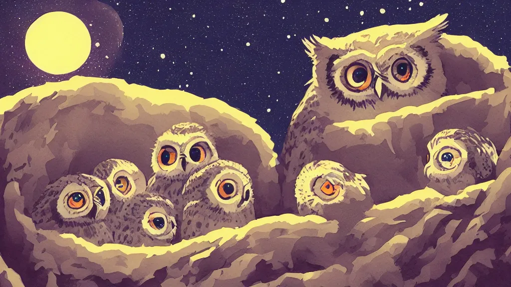 Prompt: very detailed, ilya kuvshinov, mcbess, rutkowski, watercolor illustration of nest of baby owls at night, colorful, deep shadows, astrophotography, highly detailed, wide shot