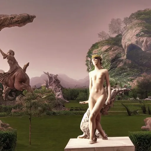 Prompt: an epic park I got of Cara Delevigne as a marble statue walking through a Dali style landscape with fantastical elements very very very beautiful 4K scan