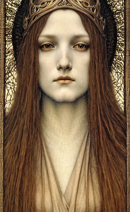 Image similar to detailed realistic beautiful young medieval queen face portrait by jean delville, gustave dore and marco mazzoni, art nouveau, symbolist, visionary, gothic, pre - raphaelite. horizontal symmetry