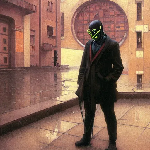 Image similar to portrait of masked cyberpunk scientist on the art deco streets of the Empire city, award-winning realistic sci-fi concept art by Beksinski, Bruegel, Greg Rutkowski, Alphonse Mucha, and Yoshitaka Amano