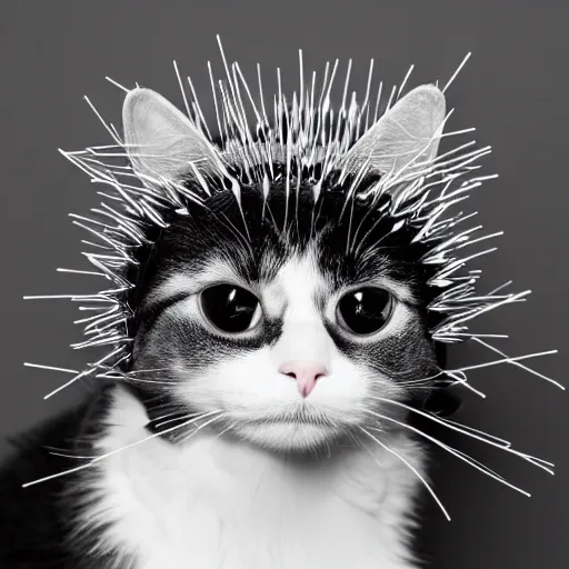 Prompt: A cat wearing a spiked helmet, black and white