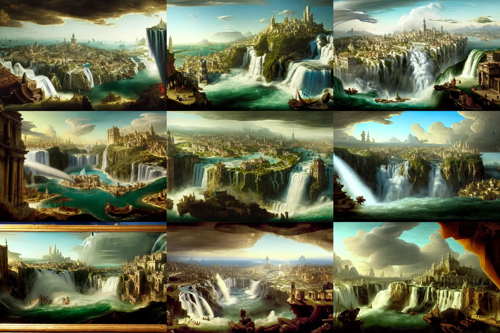 Prompt: an insanely detailed matte painting of a mythical city at the edge of world by Bernardo Bellotto and Tyler Edlin and Heironymous Bosch, enormous waterfall drops off the edge of the world