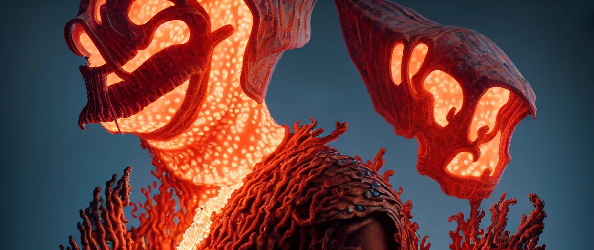 Prompt: hyperrealist highly detailed english medieval portrait of high fashion monster wearing flame fire smoke flame armor, radiating atomic neon corals, veiny network growth with ghostly ghost translucent ghost armor, concept art pascal blanche dramatic studio lighting 8k wide angle shallow depth of field