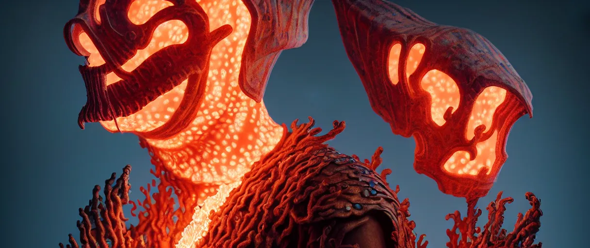 Image similar to hyperrealist highly detailed english medieval portrait of high fashion monster wearing flame fire smoke flame armor, radiating atomic neon corals, veiny network growth with ghostly ghost translucent ghost armor, concept art pascal blanche dramatic studio lighting 8k wide angle shallow depth of field