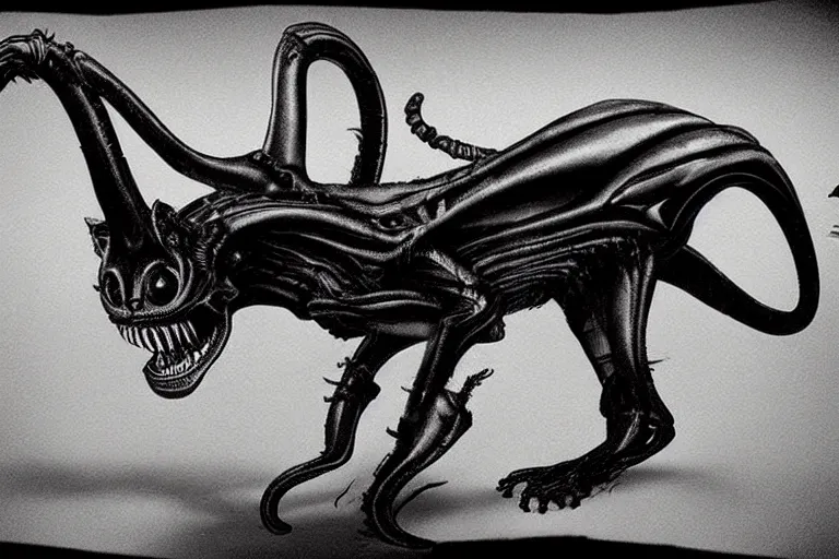 Image similar to a xenomorph cat, a cat designed by hr giger, a cat from the movie alien, hellish, nightmare, terror, horror, cat cat cat, cat hell, cat nightmare, cat alien, movie footage, dramatic lighting, dramatic framing,