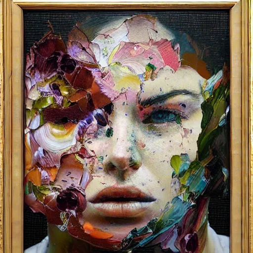 Image similar to a 8bit screen with a flower's image, covered in oil painting, by jenny saville and phil hale