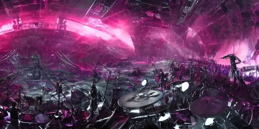 Prompt: a metal concert on an alien planet at the edge of space, drummer, singer, guitarist playing a metal song on a massive architectural stage, backstage point of view, massive crowd gathering, cinematography, unreal engine 5, ray tracing, epic, masterpiece, editorial