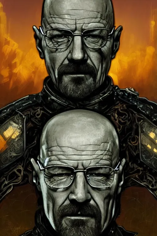 Prompt: Walter white, European beautiful luxury and evil and victorian and gothic medieval white armor knight portrait, front face, ultradetail face, ruined gothic cathedral, dynamic lighting, neon light, art and illustration by tian zi and craig mullins and WLOP and alphonse mucha, ssci-fi, fantasy, intricate complexity, human structure, hypermaximalist, fantasy character concept, dynamic lighting, shafts of golden light, f/1.2, hyperrealism 8k