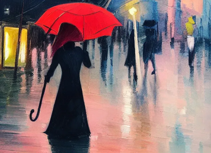 Image similar to evening city scene with young woman with umbrella. beautiful use of light and shadow to create a sense of depth and movement. using energetic brushwork and a limited color palette, providing a distinctive look and expressive quality in a rhythmic composition