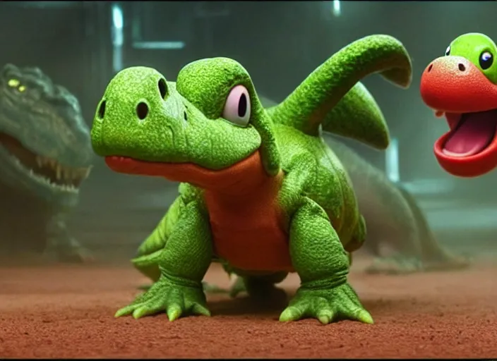 Image similar to film still of yoshi in the new sci - fi movie, cute upright standing upright upright dinosaur standing on its hind legs with a small red turtle shell and sticking out a long sticky tongue, 8 k