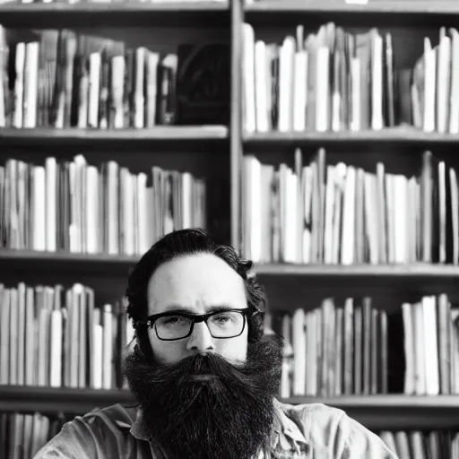 Image similar to medium shot portrait of a learned scholar, a long slightly unkept beard, a bookshelf in the background with neatly stacked books, set in the 1 9 5 0 s, bokeh, light from top right