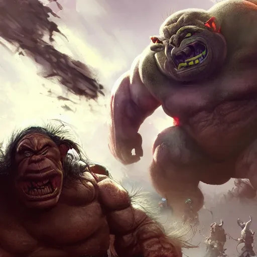 Image similar to a huge angry violent ogre stomps through a suburban neighborhood, people run, by yuumei, bayard wu, wlop, tim white, ross tran, 4 k