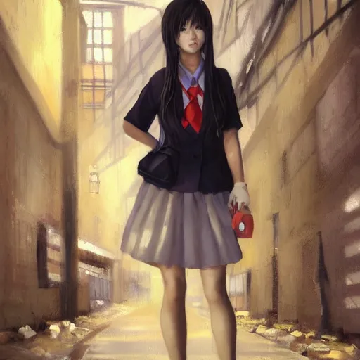 Image similar to a perfect, realistic professional oil painting of a Japanese schoolgirl posing in a dystopian alleyway, style of Marvel, full length, by a professional American senior artist on ArtStation, a high-quality hollywood-style concept