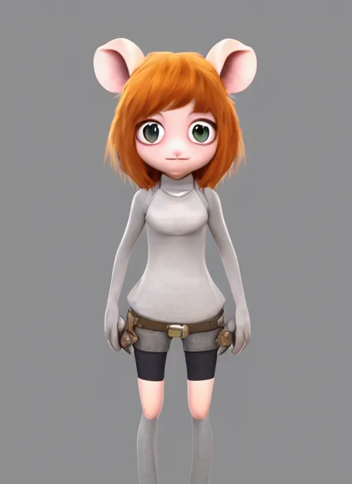 Prompt: female furry mini cute style, character adoptable, highly detailed, rendered, ray - tracing, cgi animated, 3 d demo reel avatar, style of maple story and zootopia, maple story mouse girl, grey mouse, soft shade, soft lighting