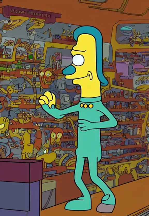 Image similar to a character from the show futurama in a shop, looking at camera, extremely detailed, sci - fi illustration, art by matt groening, futurama animation artstyle