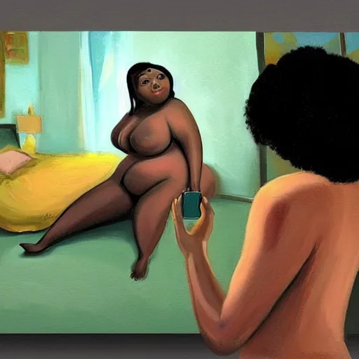 Image similar to stunning, coherent, beautiful painting, still of a giant man destroying a beautiful black bbw woman in her bed , she is taking a selfie of the creepy man is following her, 3d, in the style of pixar, comic book style, 3d, highly detailed, highly detailed, sharp focus, bokeh, depth of field, 16k resolution, Unreal Engine 5, coherent, cinematic lighting, photorealistic, by Zhang Jingna