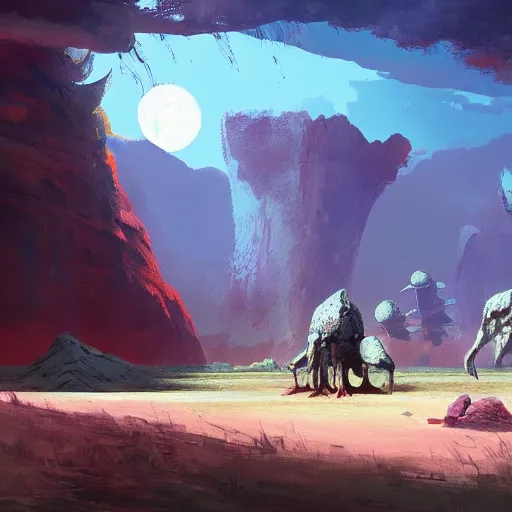Image similar to concept art painting of an alien world full of prehistoric alien life, detailed, cel shaded, in the style of makoto shinkai and moebius and james gurney