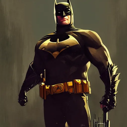 Image similar to Batman as a grand theft auto 5 loading screen, athletic , intimidating, muscular, intricate, highly detailed, digital painting, artstation, concept art, sharp focus, illustration, art by greg rutkowski and alphonse mucha