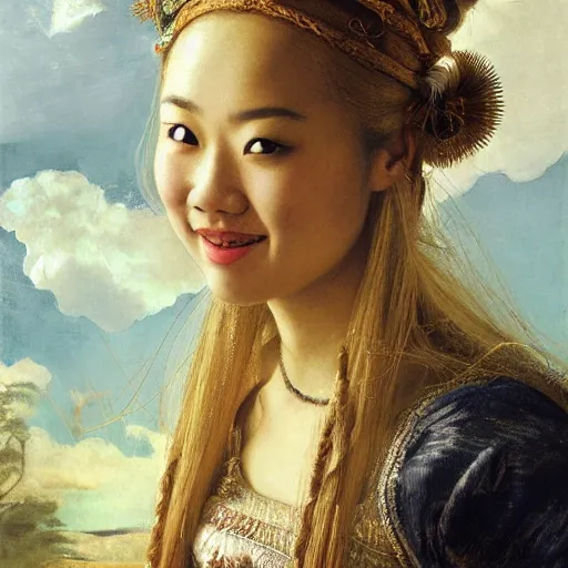 Image similar to a totally amazed smiling pretty asian girl with blonde hair, fully covering intricate detailed bohemian outfit, long loose blonde hair, precise linework, accurate brown eyes, small nose, beautiful smooth oval head, expressive emotions, hyper realistic ultrafine portrait by artemisia gentileschi, jessica rossier, greg rutkowski, artgerm