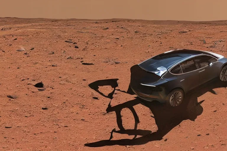 Prompt: highly realistic photo of elon musk riding a tesla on mars