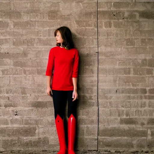 Prompt: a woman with a red shirt and blue boots