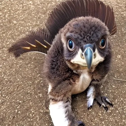 Prompt: cute baby raptor with feathers sitting on the ground