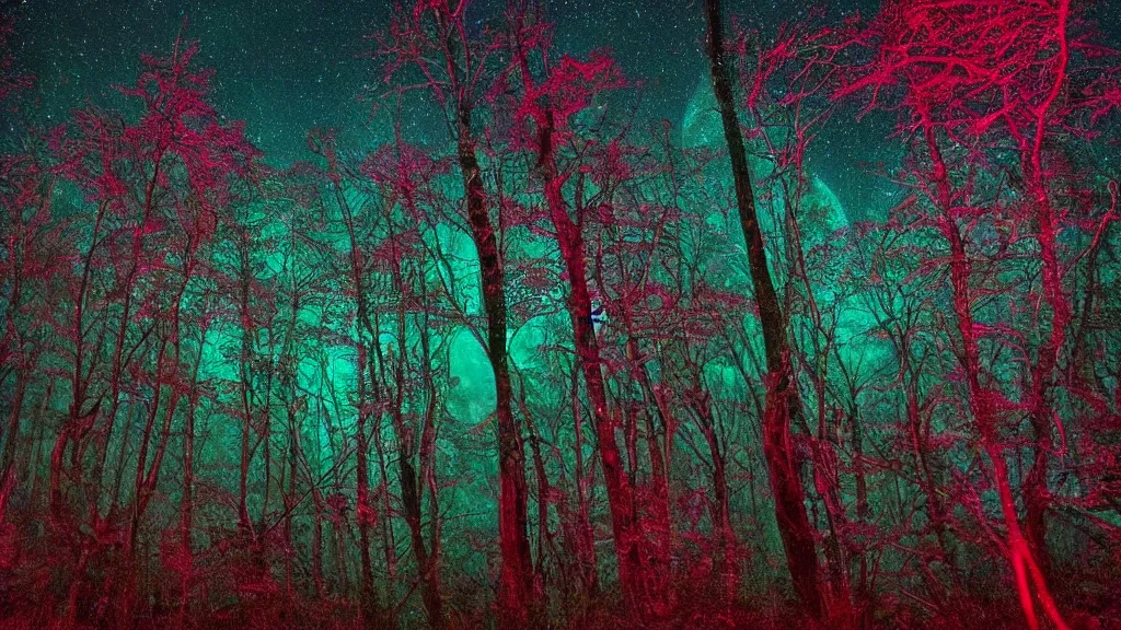 Image similar to (((psychedelic))) 8k ultra realistic night time photography of a mystical cosmic night sky with red smoke and a perfect huge full moon, A glimpse through a small gap in the dark green dense foliage!! and overgrowth and the trees of the huge full moon over water in a dark sky. wreathed in red smoke!!!, mist, starlight, night-time, volumetric lighting, dark enclosed, cozy, quiet forest night scene, spangled, cosmic