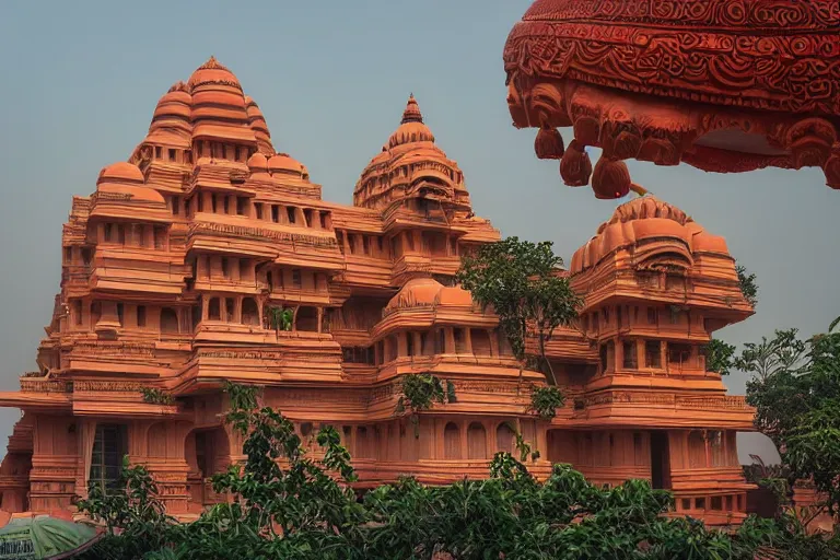 Image similar to beautiful dreamscape! biomorphic new delhi, hanuman!! head building, kalighat, octane photorealistic cinematic, stephen shore & john j. park, soft morning light, wide shot, high angle, uhd 8 k, deep focus