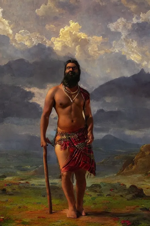 Prompt: an ethereal dramatic epic beautiful painting of a shirtless handsome beefy hairy desi man | he is wearing a plaid kilt and cowboy hat, and holding a wooden staff | background is mountains and clouds | dramatic lighting, golden hour, homoerotic | by mark maggiori, by walter crane, by charles m. russell, by frederic remington | trending on artstation