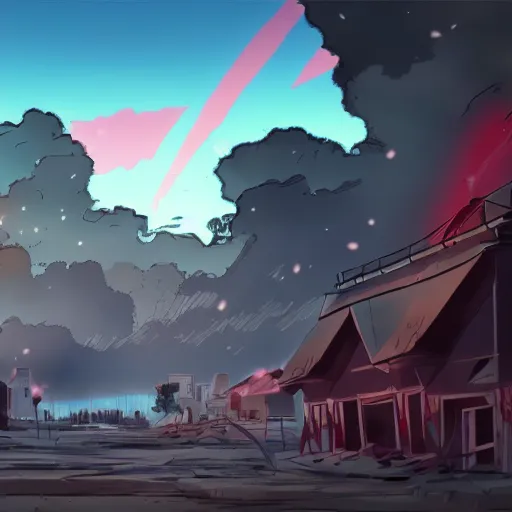 Prompt: anime screencap with destroyed city and bright red sky
