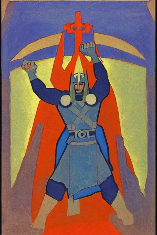 Prompt: thor with hammer, marvel, artwork by nicholas roerich,