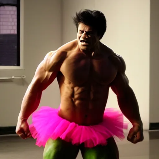 Prompt: hulk dances ballet and wears a pink tutu