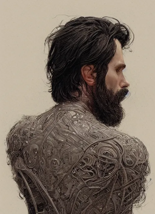 Prompt: darkhaired man seen from behind, head and shoulders, intricate, highly detailed, centered, digital painting, artstation, concept art, smooth, sharp focus, illustration, art by james gurney and donato giancola and gret rutkowski