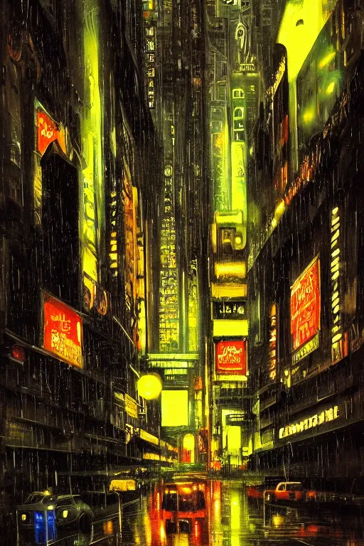 Image similar to Blade Runner City by Caravaggio, neon lights, raining, oil painting, renaissance style