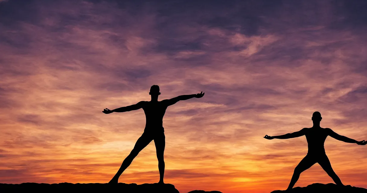 Prompt: wide range photo silhouette of a man doing yoga, at a beautiful sunset, highly detailed, colorful,