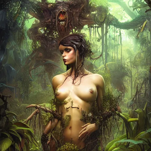 Image similar to a hyperrealistic illustration of a dark monster in a jungle, Jungle with fractal sunlight, award-winning, masterpiece, in the style of Tom Bagshaw, Cedric Peyravernay, Peter Mohrbacher