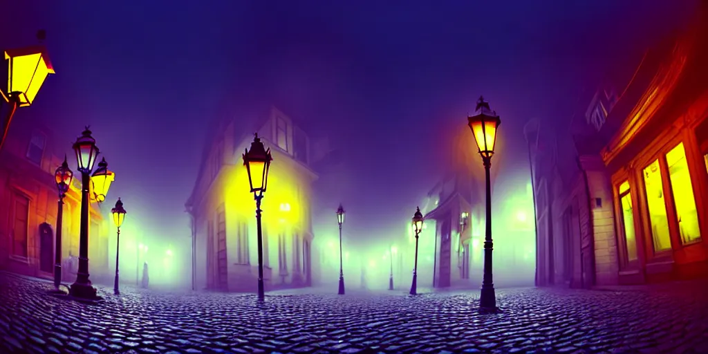 Image similar to curved perspective, extreme narrow, extreme fisheye, digital art of a night foggy street with curled victorian street lamps over cobblestone floor by anton fadeev from nightmare before christmas